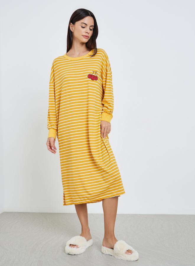 Styli Women Yellow Stripes Embroidered Nightdress - Image 4